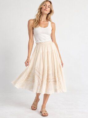 Theory Ivory Cotton Silk Beaded Boho Midi A-line Skirt with Sequins Size S